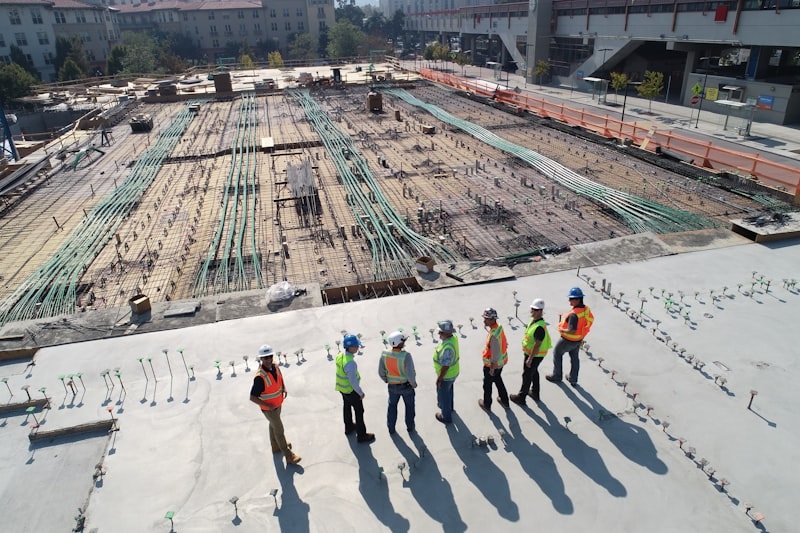 Construction team reviewing plans